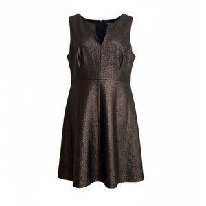 Metaphor Metallic Sleeveless Split Neck Stretch A-Line Dress Bronze Black Sz XL